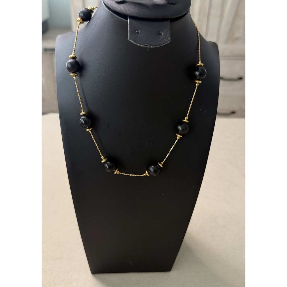 Anne Klein Black Bead Station Necklace Gold Tone Chain Signed AK 16" Designer